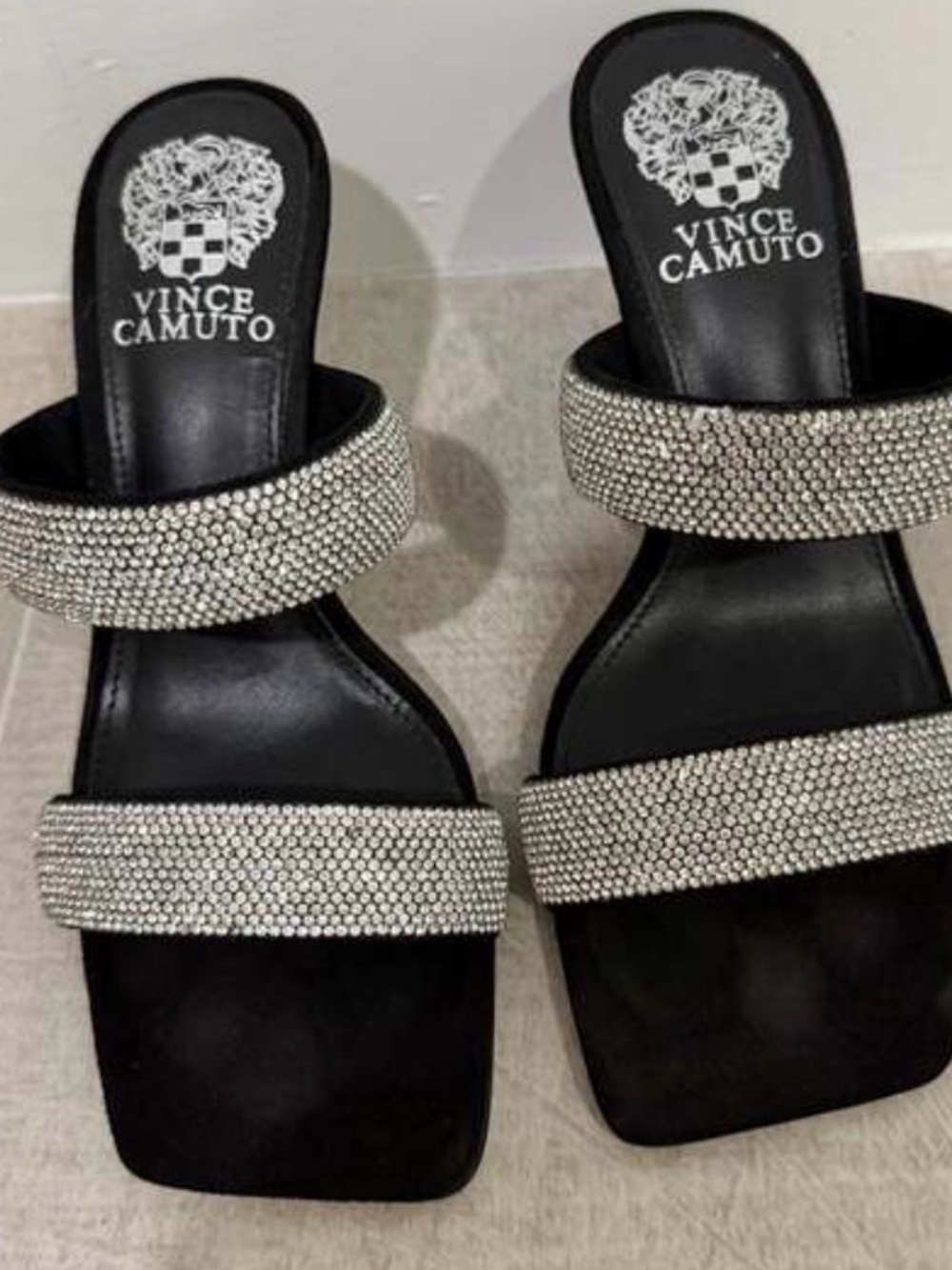 Vince Camuto Black Silver Crystal Double-Strap Slide Sandals